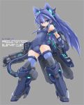  1girl alternate_color animal_ears blue_eyes blue_hair blue_legwear blue_swimsuit cannon cat_ears densou_tenshi_valforce detached_sleeves grey_background headgear karukan_(monjya) kemonomimi_mode long_hair mecha_musume mechanical_arms mechanical_tail misawa_elena neon_trim one-piece_swimsuit small_breasts solo standing swimsuit tail thigh-highs thrusters 