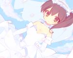 1girl breasts brown_eyes brown_hair cleavage dress elbow_gloves flower gloves jewelry kaga_(kantai_collection) kantai_collection looking_at_viewer ribbon ring side_ponytail smile solo tedamarutarou veil wedding wedding_dress wedding_ring 