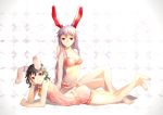  2girls animal_ears arm_support barefoot black_hair bloomers bra breasts bunny_tail carrot chibi cleavage collarbone feet inaba_tewi large_breasts lingerie long_hair looking_at_viewer lying multiple_girls navel panties purple_hair rabbit_ears red_eyes reisen_udongein_inaba smile tail touhou underwear underwear_only 