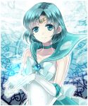  1girl bishoujo_senshi_sailor_moon blue_eyes blue_hair bow brooch bubble choker earrings elbow_gloves gloves jewelry kanaso529 magical_girl mizuno_ami ribbon sailor_collar sailor_mercury short_hair smile solo tiara white_gloves 