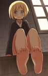  1girl bare_legs barefoot blonde_hair blue_eyes blush bottomless brick_wall collared_shirt erica_hartmann feet from_below glastonbury1966 indoors long_sleeves looking_at_viewer short_hair sitting smile solo strike_witches wall window 