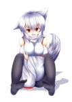  1girl absurdres animal_ears bare_shoulders black_legwear breast_hold breasts detached_sleeves fang happy highres inubashiri_momiji large_breasts looking_at_viewer oohirakeisuke open_mouth pantyhose pom_pom_(clothes) red_eyes short_hair silver_hair simple_background sitting solo tail touhou wolf_ears wolf_tail 