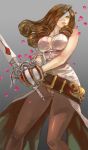  1girl beatrix belt breasts brown_hair brown_legwear cleavage drill_hair ened eyepatch fighting_stance final_fantasy final_fantasy_ix green_eyes grey_background one-eyed pantyhose parted_lips petals rose_petals simple_background sleeveless solo sword weapon 