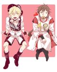  2boys blonde_hair boots brown_hair cookie cup fingerless_gloves food genderswap gloves hakurei_reimu hat indian_style japanese_clothes kirisame_marisa male mouth_hold multiple_boys open_mouth red_eyes shishio shorts sitting touhou yellow_eyes 