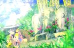  1girl animal_ears basket dress flower graveyard green_eyes green_hair hat kasodani_kyouko kinosaki short_hair skirt sky solo squatting tail tombstone touhou weeding 