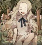  1girl blonde_hair closed_eyes dress forest happy laughing long_hair marnie nature ribbon shina_000 short_sleeves sitting smile solo tree very_long_hair white_dress 