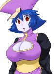  1girl blue_hair blue_skin breasts chinese_clothes cleavage cleavage_cutout flipped_hair jiangshi large_breasts lei_lei ofuda red_eyes short_hair solo tsukudani_(coke-buta) vampire_(game) 
