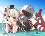  1girl amatsukaze_(kantai_collection) bankoku_ayuya black_panties blush fang garter_straps gloves kantai_collection long_hair looking_at_viewer open_mouth panties red_legwear rensouhou-kun school_uniform serafuku side-tie_panties silver_hair single_glove solo striped striped_legwear thigh-highs twintails underwear white_gloves yellow_eyes 