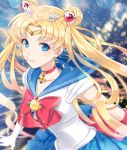  1girl asami_(undoundo) bishoujo_senshi_sailor_moon bishoujo_senshi_sailor_moon_crystal blonde_hair blue_eyes blue_skirt bow choker crescent_earrings double_bun earrings elbow_gloves gloves hair_ornament jewelry long_hair magical_girl sailor_collar sailor_moon skirt smile solo star star_earrings tsukino_usagi twintails 