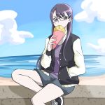  1girl beach casual clouds eating eyelashes food gacchahero glasses hair_ornament hairclip heartcatch_precure! jacket long_hair looking_at_viewer precure purple_hair purple_shirt shirt shoes shorts sitting sketch sky solo tsukikage_yuri violet_eyes 