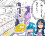  4girls belt blue_eyes blue_hair color_connection crossover gacchahero glasses happinesscharge_precure! heartcatch_precure! hikawa_iona kurumi_erika long_hair multiple_girls precure purple_hair purple_shirt shirayuki_hime shirt shopping sketch trait_connection translation_request tsukikage_yuri violet_eyes wavy_hair 