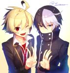  2boys ;) ahoge black_hair blazer blonde_hair blue_eyes covered_mouth hyde_(under_night_in-birth) loose_necktie multicolored_hair multiple_boys necktie one_eye_closed red_eyes school_uniform seth_(under_night_in-birth) short_hair smile two-tone_hair under_night_in-birth v white_hair yusano 