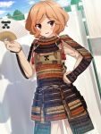  1girl alternate_costume armor blush brown_eyes fan folding_fan haibara_nanaka hand_on_hip kami_nomi_zo_shiru_sekai orange_hair samurai_armor shadow short_hair solo standing wataru_(zazazazazazawa) 