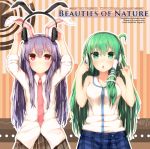  2girls :c album_cover animal_ears arms_up commentary_request cover dress_shirt frog_hair_ornament fueru_nattou green_eyes green_hair hair_ornament headphones kochiya_sanae listening_to_music long_sleeves multiple_girls necktie open_mouth pink_eyes plaid plaid_skirt purple_hair rabbit_ears reisen_udongein_inaba shirt skirt sleeveless sleeveless_shirt sleeves_rolled_up snake_hair_ornament touhou vertical-striped_background 