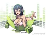  1girl ass barefoot bikini black_hair blue_eyes breasts butt_crack cleavage food fruit glasses headphones large_breasts looking_at_viewer melon melon-chan newey open_mouth original pink_bikini short_hair solo swimsuit 