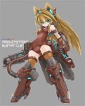  1girl animal_ears cannon cat_ears densou_tenshi_valforce green_eyes grey_background headgear karukan_(monjya) kemonomimi_mode long_hair mecha_musume mechanical_arms mechanical_tail misawa_elena neon_trim one-piece_swimsuit orange_hair orange_legwear red_swimsuit small_breasts solo standing swimsuit tail thigh-highs thrusters 
