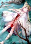  1girl animal_ears blonde_hair fox_ears japanese_clothes long_hair original partially_submerged pony_(moyasi) solo violet_eyes water 