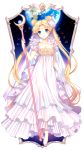  1girl bishoujo_senshi_sailor_moon blonde_hair blue_eyes breasts cape cleavage crescent_moon_symbol double_bun dress earrings earth eyebrows_visible_through_hair facial_mark female flower forehead_mark full_body hair_flower hair_ornament hairpin jewelry layered_dress long_dress long_hair looking_at_viewer nardack parted_bangs parted_lips princess_serenity solo staff standing twintails very_long_hair 