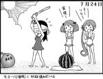  &gt;:d 3girls :d ahoge akebono_(kantai_collection) baseball_bat bell bikini black_hair blindfold clouds comic flower food frilled_bikini frills fruit gas_tank hair_bell hair_bobbles hair_flower hair_ornament kantai_collection long_hair monochrome multiple_girls one-piece_swimsuit open_mouth otoufu sand sazanami_(kantai_collection) short_hair side_ponytail smile sun swimsuit towel translation_request twintails ushio_(kantai_collection) very_long_hair watermelon 