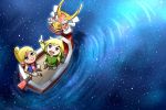  1girl blonde_hair blue_eyes link looking_up neckerchief ocean pointing pointing_up pointy_ears reflection sky smile star_(sky) starry_sky tetra the_king_of_red_lions the_legend_of_zelda wasabi_(legemd) wind_waker 