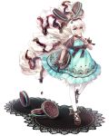  1girl aqua_eyes artist_request bow chocolate choker cookie cream dress dripping finger_to_mouth food food_as_clothes food_themed_clothes green_dress hair_as_food oreo original personification solo standing_on_one_leg transparent_background white_hair wrist_cuffs 