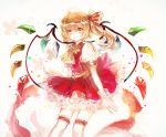  1girl blonde_hair flandre_scarlet hair_bobbles hair_ornament no_hat over-kneehighs puffy_short_sleeves puffy_sleeves red_eyes sash shirt short_sleeves side_ponytail skirt skirt_set solo thigh-highs touhou vest vima wings wrist_cuffs zettai_ryouiki 