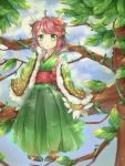  1girl :o ahoge animal_ears antlers blue_sky blush brown_hair chestnut_mouth coat deer_ears flower full_body fur_trim green_eyes hand_on_own_face highres hooves horns in_tree japanese_clothes kano_(p&amp;d) kimono leaf long_hair long_sleeves natsume_kei obi outdoors pigeon-toed puzzle_&amp;_dragons red_rose rose sash sitting sitting_in_tree sky solo tree vines 
