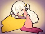  1girl :3 cheese fc_(efushii) long_hair mahou_shoujo_madoka_magica minigirl momoe_nagisa simple_background sleeping solo spoilers swiss_cheese two_side_up white_hair 