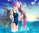  0625a 1girl aqua_eyes covered_navel hair_ribbon kantai_collection long_hair looking_at_viewer machinery ocean open_mouth purple_hair ribbon school_swimsuit side_ponytail solo swimsuit turret very_long_hair water yura_(kantai_collection) 