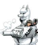  1boy alpaca cannon fusion gun helmet lowres mechanization military military_vehicle murata_yuusuke smoke smoking_gun tank vehicle weapon what 