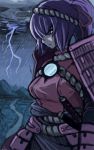  1girl armor hoshitetsu_ringo katana purple_hair rain rope shimenawa short_hair solo storm sword touhou violet_eyes weapon yasaka_kanako 
