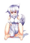  1girl absurdres animal_ears bare_shoulders barefoot breast_hold breasts detached_sleeves fang happy highres inubashiri_momiji large_breasts looking_at_viewer oohirakeisuke open_mouth panties pantyshot pom_pom_(clothes) red_eyes short_hair silver_hair simple_background sitting solo tail touhou underwear wolf_ears wolf_tail 
