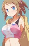  1girl 9law blue_background blue_eyes breasts brown_hair gundam gundam_build_fighters gundam_build_fighters_try hoshino_fumina jacket large_breasts looking_at_viewer midriff simple_background solo spandex sports_bra sweat 