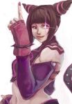  1girl :p bangs black_hair blunt_bangs bracelet detached_sleeves fingerless_gloves gloves glowing glowing_eye han_juri index_finger_raised jewelry midriff mizukei3 nail_polish short_twintails solo spiked_bracelet spikes spiky_hair street_fighter tongue tongue_out twintails violet_eyes 