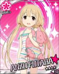  1girl artist_request blonde_hair brown_eyes character_name flower_(symbol) futaba_anzu idolmaster idolmaster_cinderella_girls low_twintails official_art pink_background smile stuffed_animal stuffed_bunny stuffed_toy twintails 