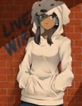  1girl against_wall animal_hood avatar:_the_last_airbender blue_eyes brick_wall brown_hair casual contemporary dark_skin hair_tubes hands_in_pockets hood hoodie korra legend_of_korra long_hair mirakuru_naito polar_bear_dog solo 