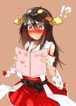  !? 1girl bare_shoulders black_hair blush book brown_background collar detached_sleeves hair_ornament hairband hairclip haruna_(kantai_collection) highres holding japanese_clothes jewelry kantai_collection long_hair nontraditional_miko red_eyes ring simple_background skirt sweatdrop tsukui_kachou 