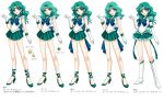  5girls aqua_hair bishoujo_senshi_sailor_moon blue_eyes boots bow brooch character_name character_sheet choker earrings elbow_gloves gloves green_skirt jewelry kaiou_michiru knee_boots long_hair magical_girl multiple_girls pleated_skirt ribbon sailor_collar sailor_neptune shirataki_kaiseki shoes skirt smile standing super_sailor_neptune super_sailor_neptune_(stars) tiara white_gloves 