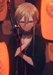  1boy braid bruise grey_hair highres injury japanese_clothes katana kazari_tayu lantern long_hair looking_at_viewer original red_eyes rope sheath sheathed shimenawa solo sword twin_braids weapon 