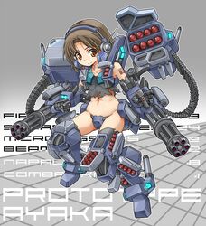  1girl ammunition_belt brown_eyes brown_hair crotch_plate densou_tenshi_valforce gatling_gun gun karukan_(monjya) mechanical_arms missile navel quadruple_wielding robot_ears short_hair smile solo tattoo torn_clothes tsukikage_ayaka weapon 