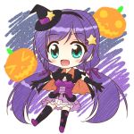  1girl chibi elbow_gloves endori gloves green_eyes halloween hat long_hair love_live!_school_idol_project lowres open_mouth pumpkin purple_hair smile solo star toujou_nozomi twintails witch_hat 