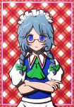  1girl alison_(alison_air_lines) ascot blue_eyes blush bow braid crossed_arms glasses hair_bow izayoi_sakuya maid_headdress plaid plaid_background red-framed_glasses silver_hair solo touhou twin_braids 
