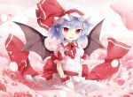  1girl ascot bat_wings blue_hair bubble dress fang hat looking_at_viewer msa open_mouth red_eyes remilia_scarlet short_hair slit_pupils smile solo touhou wings wrist_cuffs 