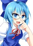  1girl absurdres adjusting_glasses bespectacled blue_dress blue_eyes blue_hair bust cirno dress e.o. glasses hair_bobbles hair_ornament highres looking_at_viewer open_mouth puffy_short_sleeves puffy_sleeves shirt short_sleeves simple_background smile solo touhou white_background 