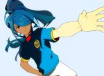  1boy blue_hair hair_over_one_eye inazuma_eleven inazuma_eleven_(series) inazuma_japan kazemaru_ichirouta lightning_bolt long_hair male outstretched_arm outstretched_hand ponytail revision smile soccer_uniform solo sportswear uichi 