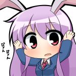  1girl :o animal_ears arms_up blazer dress_shirt head_tilt jacket long_hair long_sleeves looking_at_viewer necktie open_mouth purple_hair rabbit_ears red_eyes reisen_udongein_inaba shirt simple_background solo touhou twumi very_long_hair white_background white_shirt 