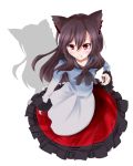  1girl :3 animal_ears blush breasts brown_hair cleavage dress fang fang_out fingernails imaizumi_kagerou jewelry long_fingernails long_hair looking_at_viewer looking_up mofumofushirokitsune red_eyes shadow sharp_fingernails simple_background smile touhou white_background wolf_ears 