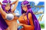 2girls armband bikini_top blush breasts choker circlet cleavage clouds copyright_name crystal_ball dark_skin dragon_quest dragon_quest_iv heat highres large_breasts long_hair manya micesakenomitai minea multiple_girls open_mouth purple_hair robe sky smile translation_request violet_eyes 