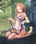  1girl ackood animal_ears babydoll breasts cat_ears cat_tail fishnet_legwear fishnets garter_straps lips long_hair looking_at_viewer navel off_shoulder original redhead sitting smile solo tail thigh-highs wariza yellow_eyes 