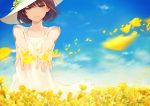  1girl absurdres brown_hair dress flower hands hat highres lips original petals short_hair sky smile solo yellow_eyes yuranpo 